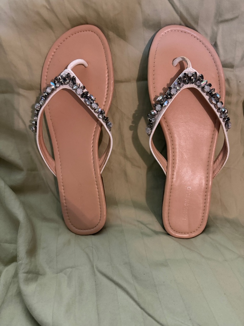 Women's White Jeweled Thong Sandals with Nude Footbed